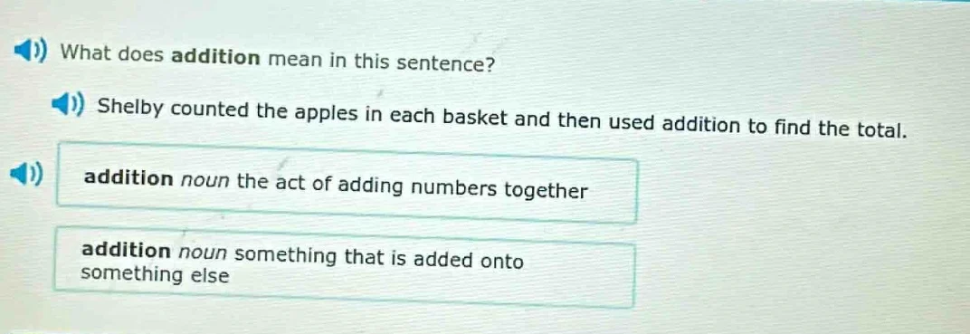what does addition mean in this sentence? shelby counted the apples in …