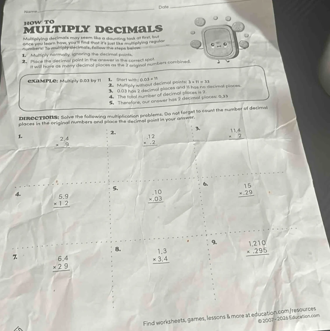 name date how to multiply decimals multiplying decimals may seem like a…