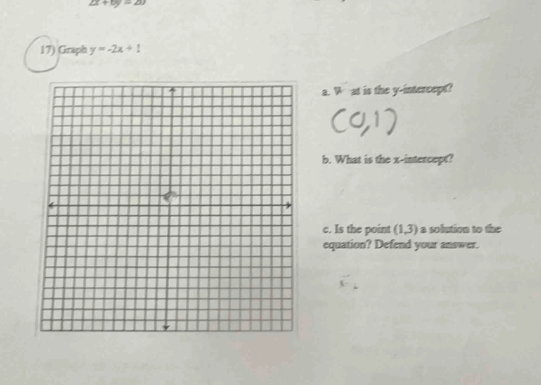 17) graph $y = -2x + 1$ a. what is the $y$-intercept? b. what is the $x…