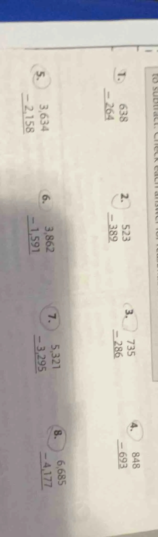 to subtract. check each answer 1. \\begin{array}{r} 638\\\\ -264\\\\ \\…