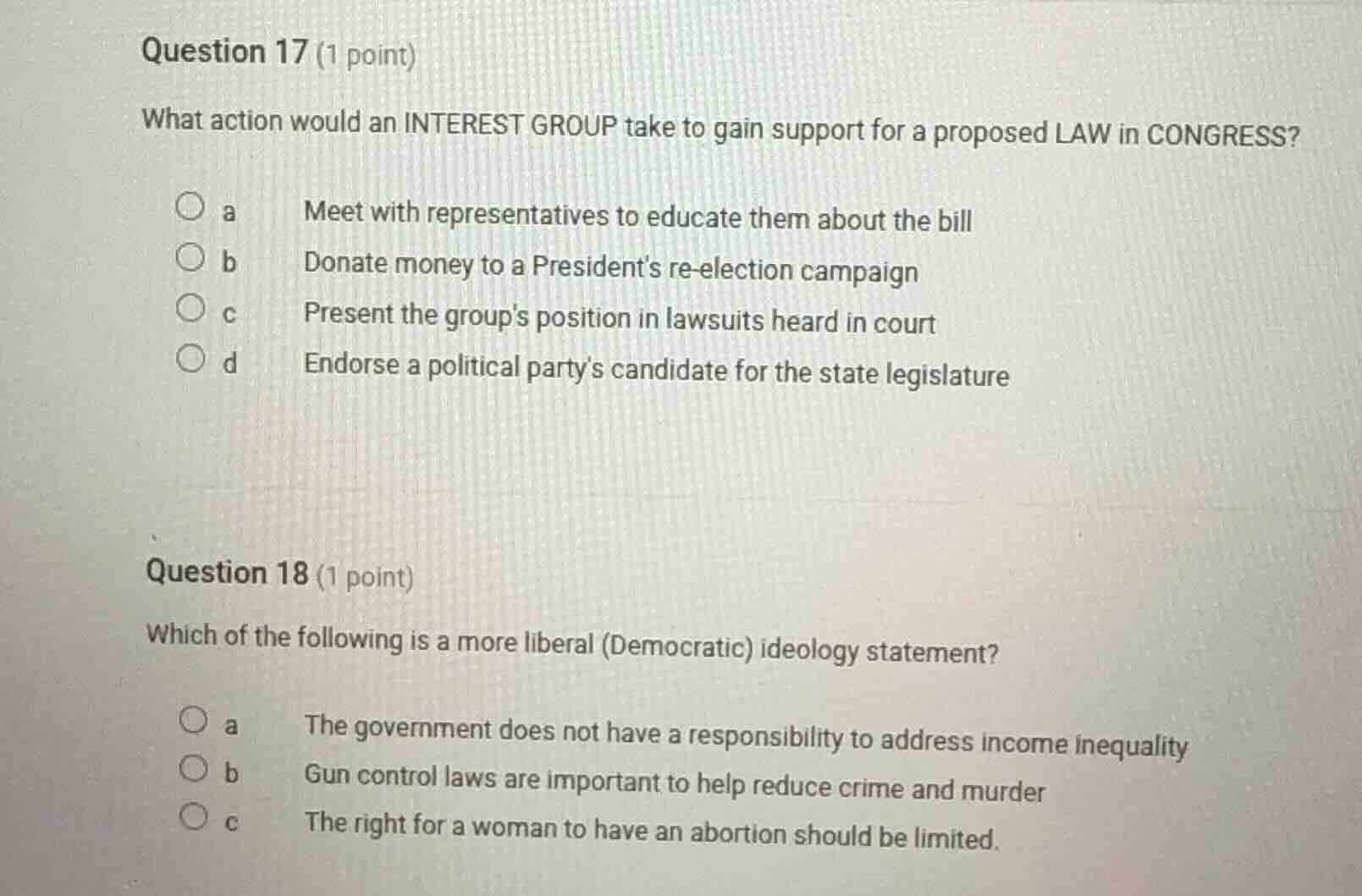 question 17 (1 point) what action would an interest group take to gain …