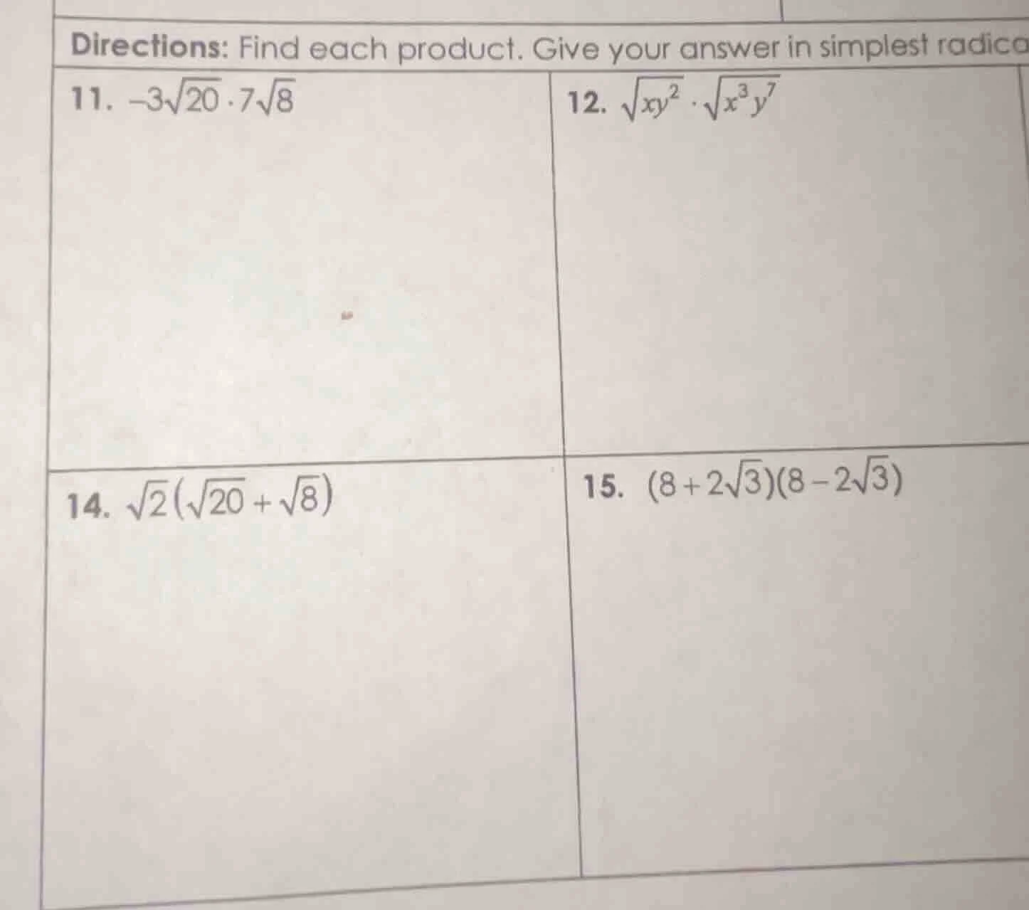 directions: find each product. give your answer in simplest radical for…