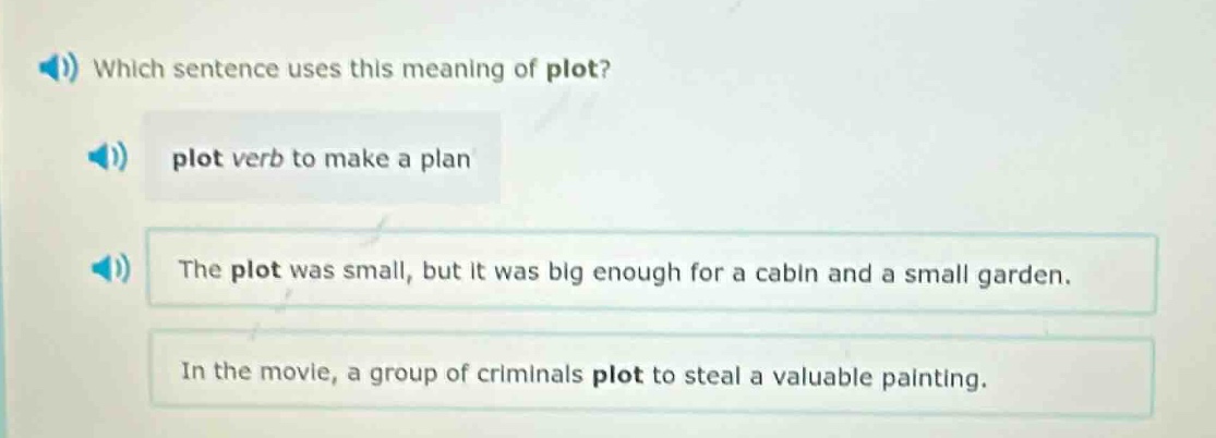 which sentence uses this meaning of plot? plot verb to make a plan the …
