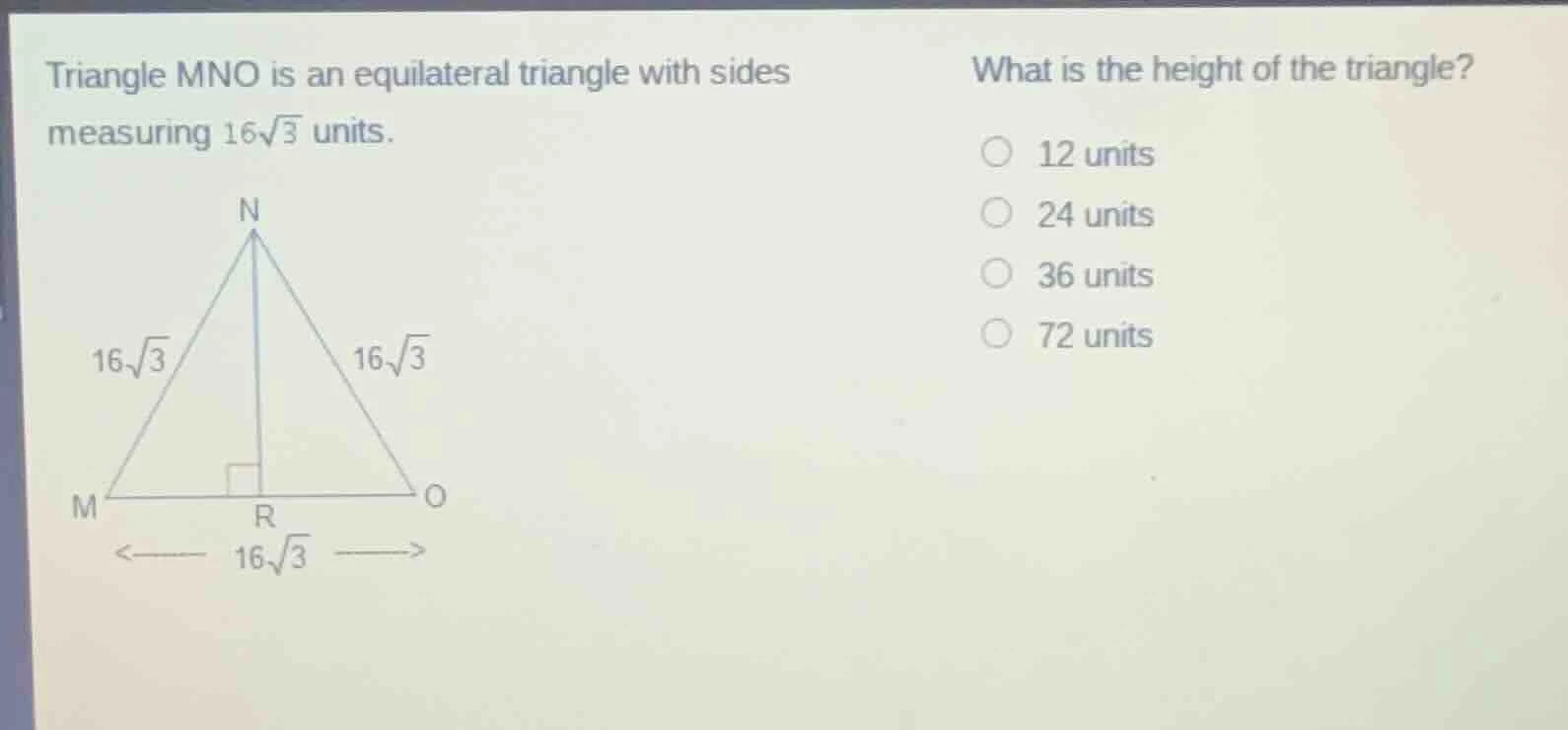 triangle mno is an equilateral triangle with sides measuring $16\\sqrt{…