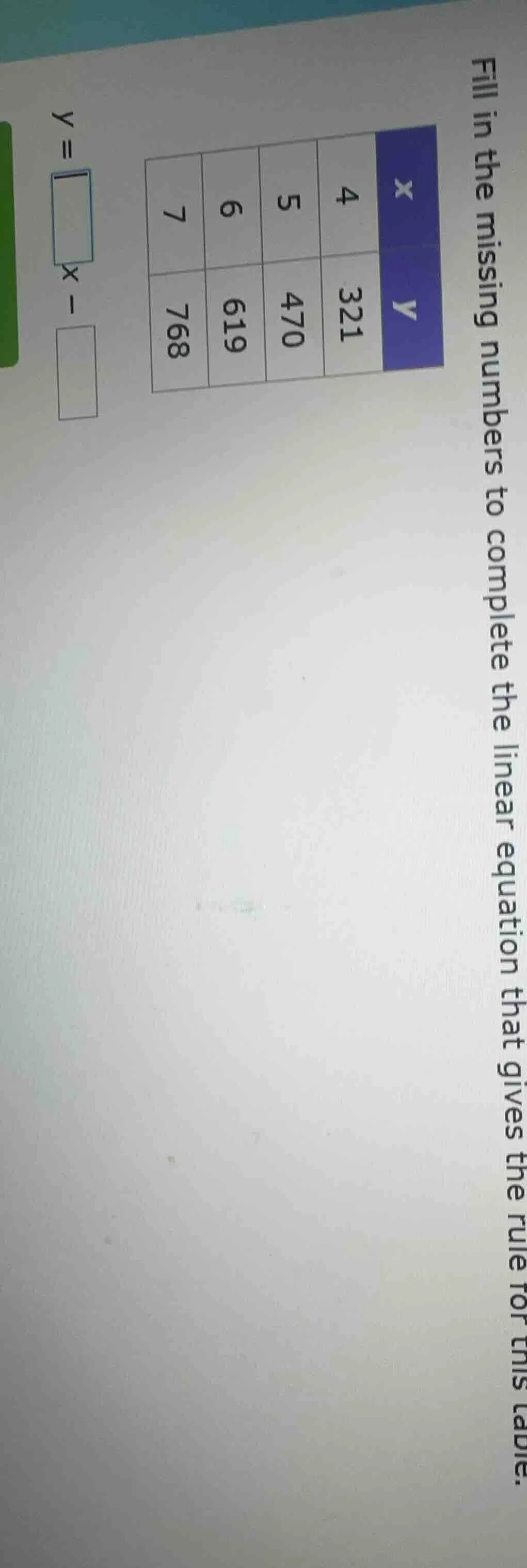 fill in the missing numbers to complete the linear equation that gives …