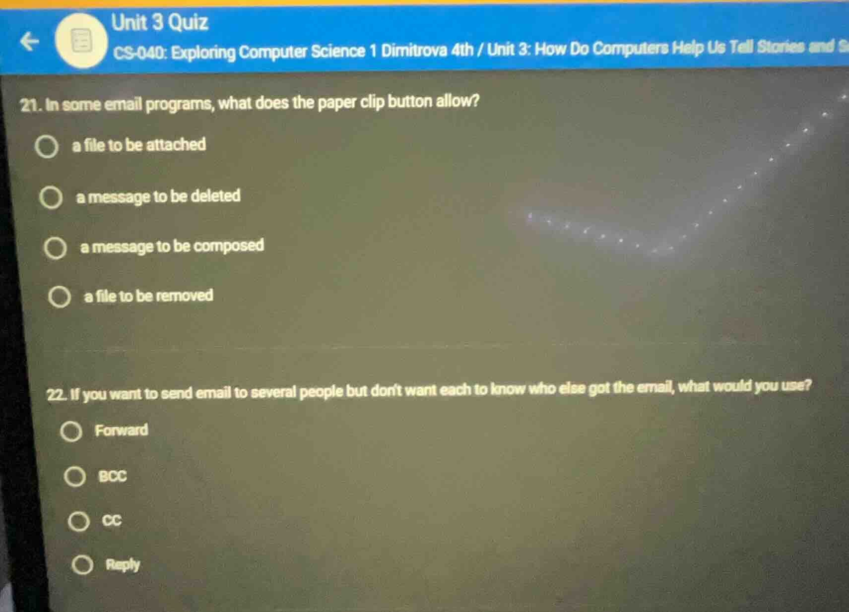 unit 3 quiz cs-040: exploring computer science 1 dimitrova 4th / unit 3…