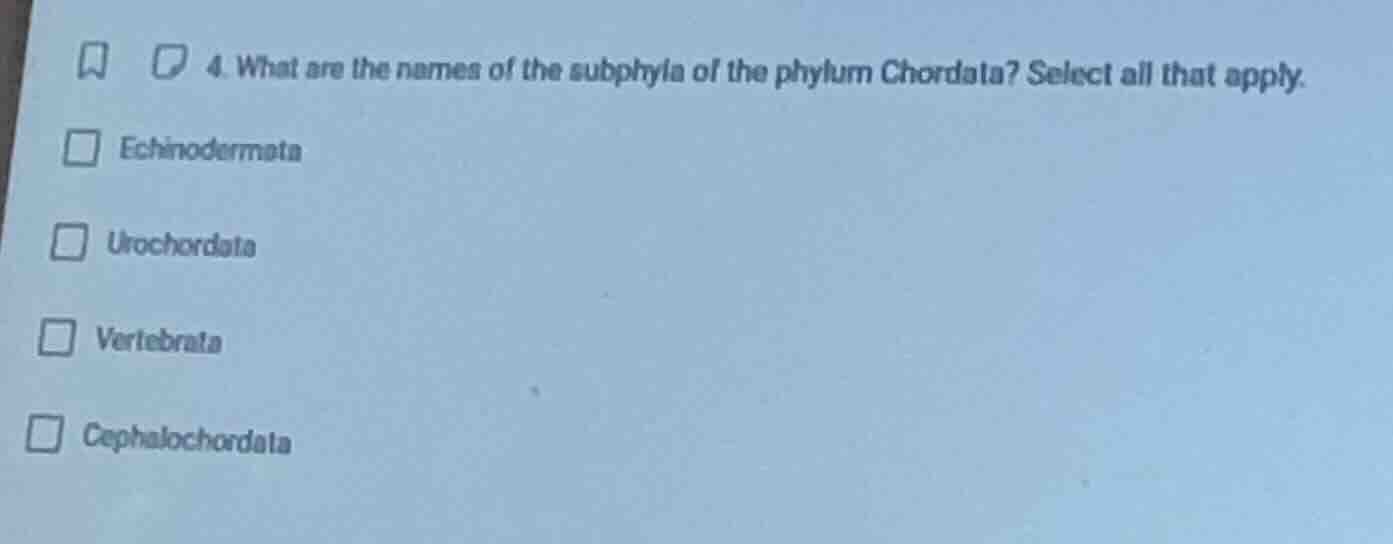 4. what are the names of the subphyla of the phylum chordata? select al…