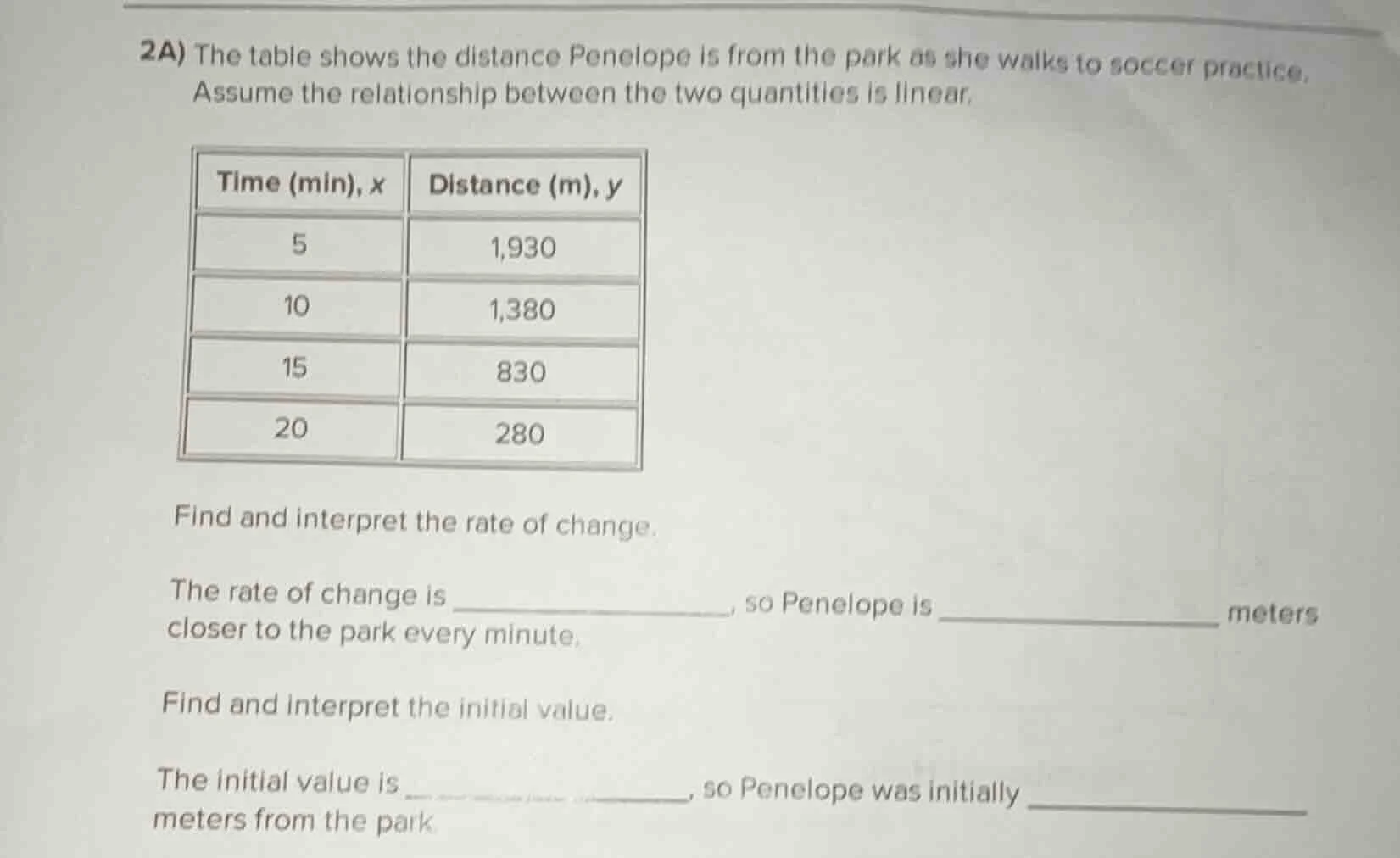 2a) the table shows the distance penelope is from the park as she walks…