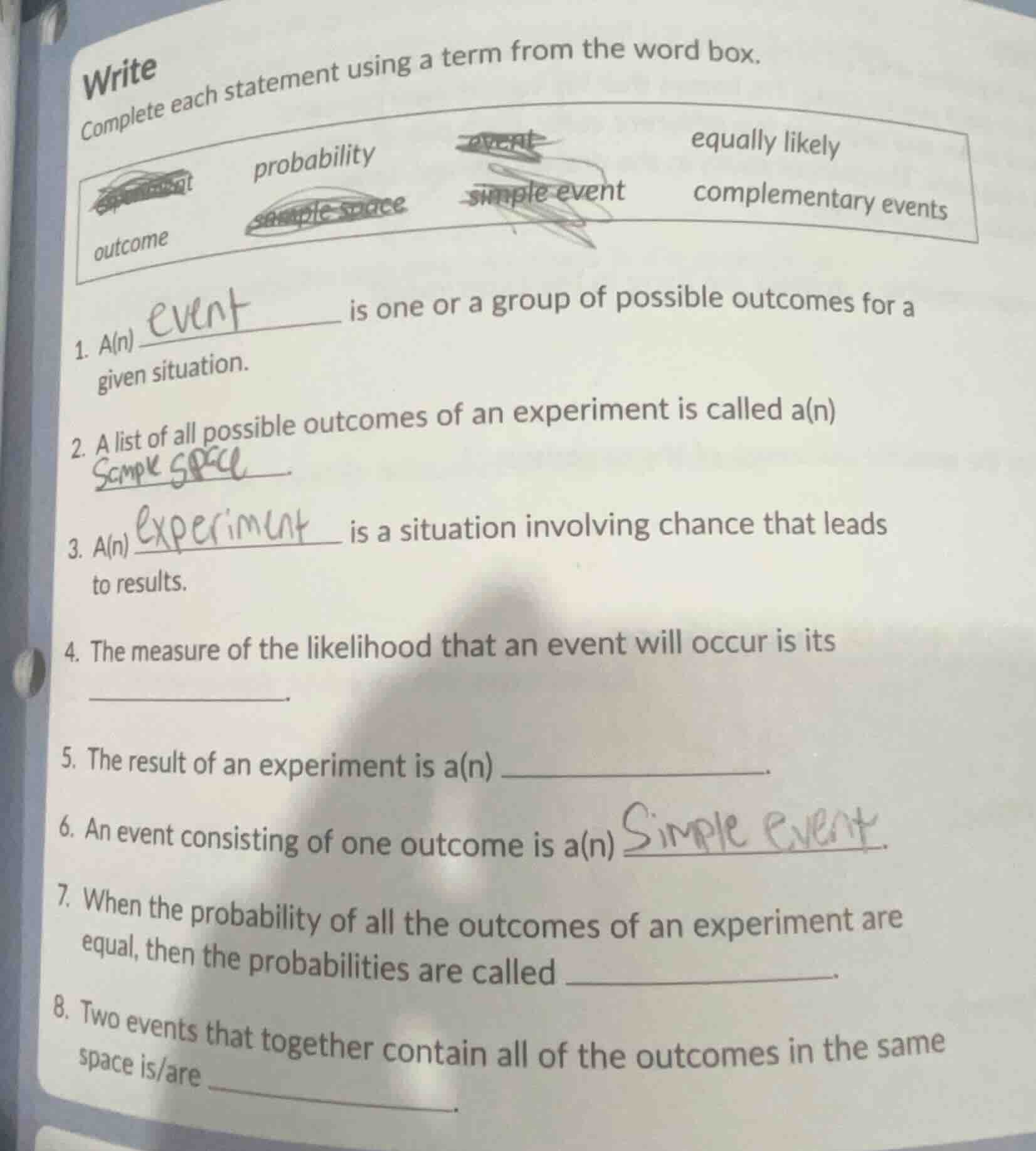 write complete each statement using a term from the word box. outcome p…