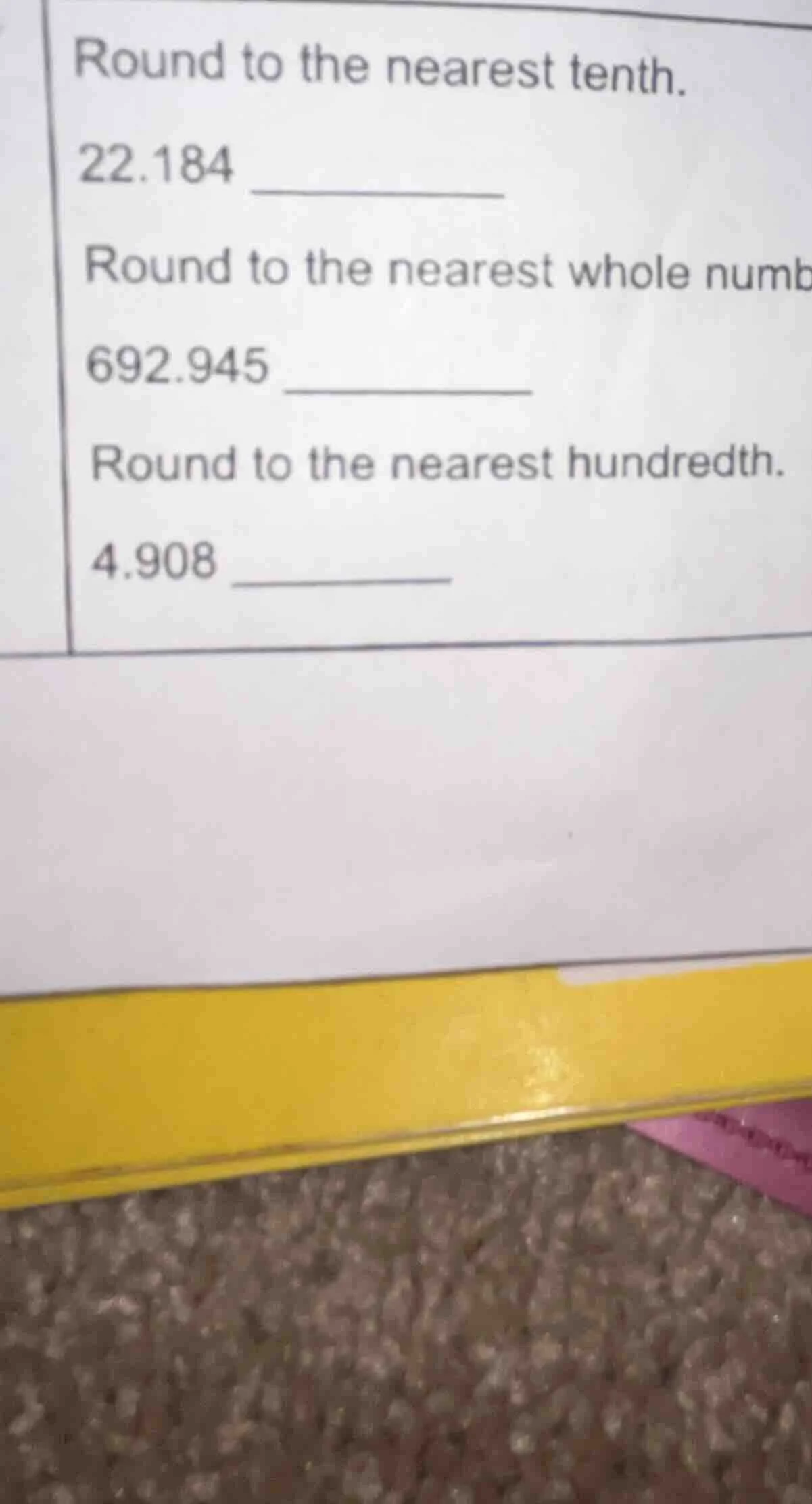 round to the nearest tenth. 22.184 round to the nearest whole numb 692.…