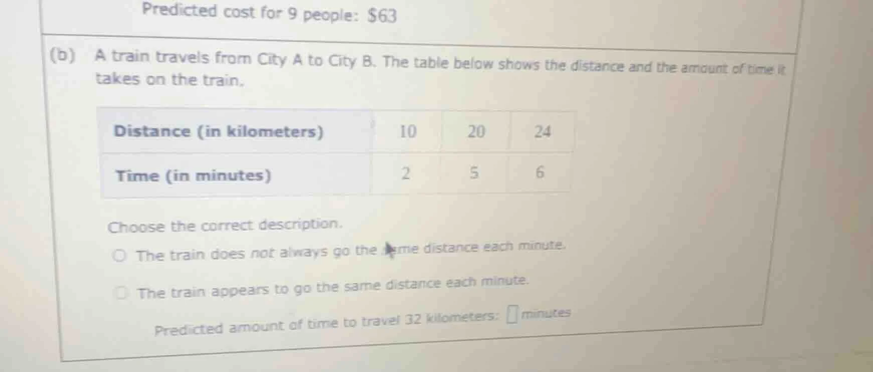 predicted cost for 9 people: $63 (b) a train travels from city a to cit…