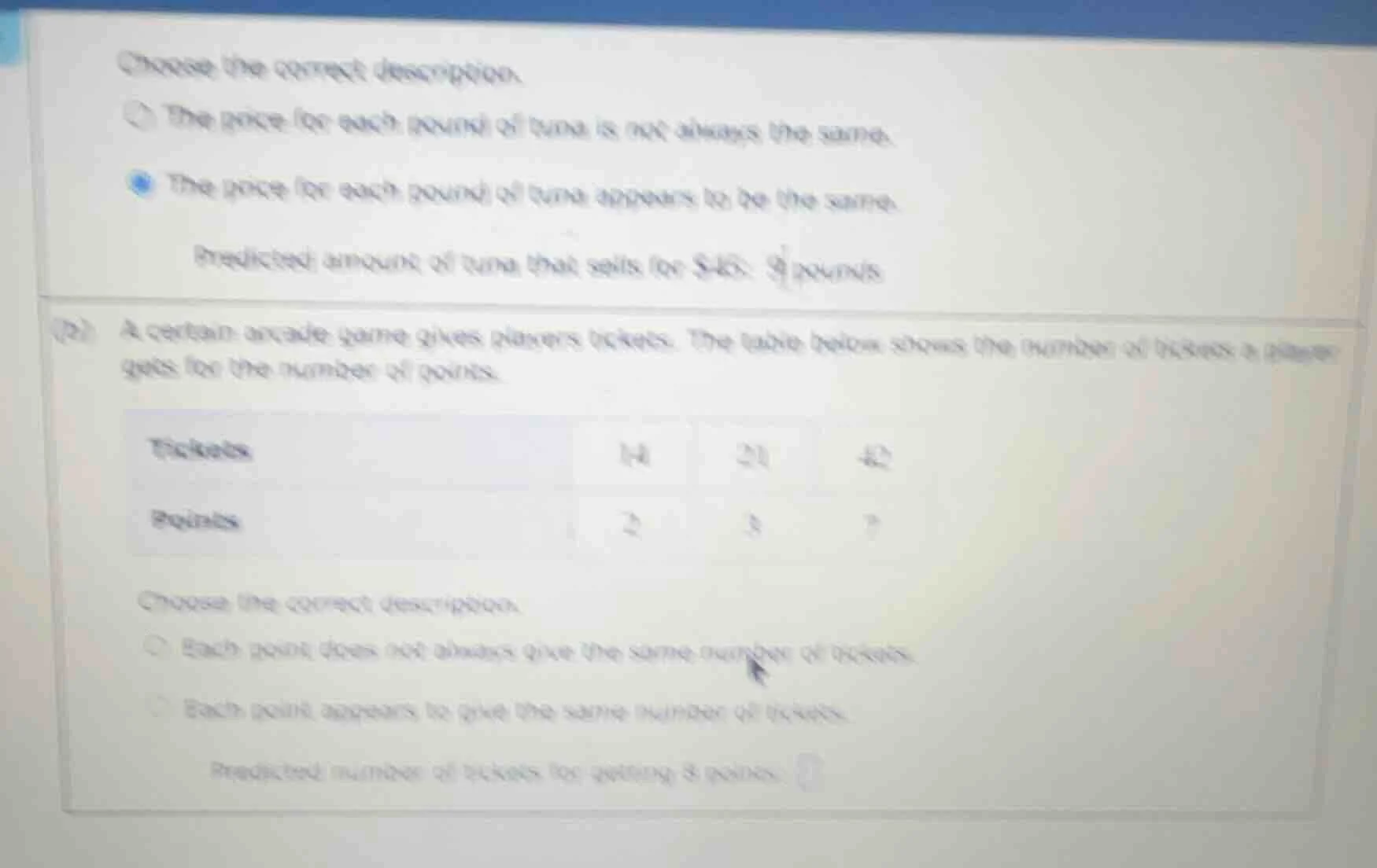 choose the correct description. ○ the price for each pound of tuna is n…