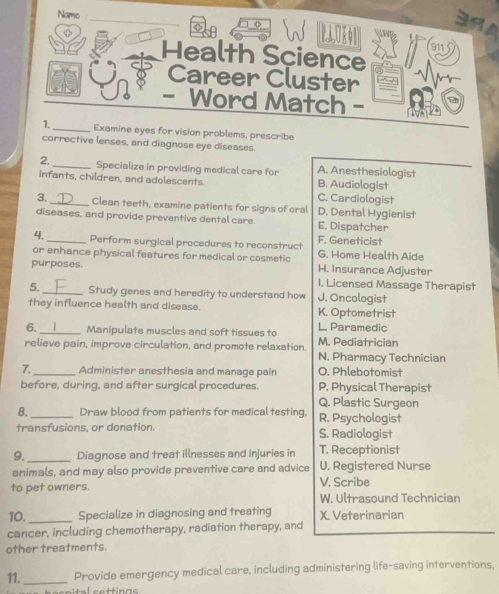 name : health science career cluster - word match - 1. ______ examine e…