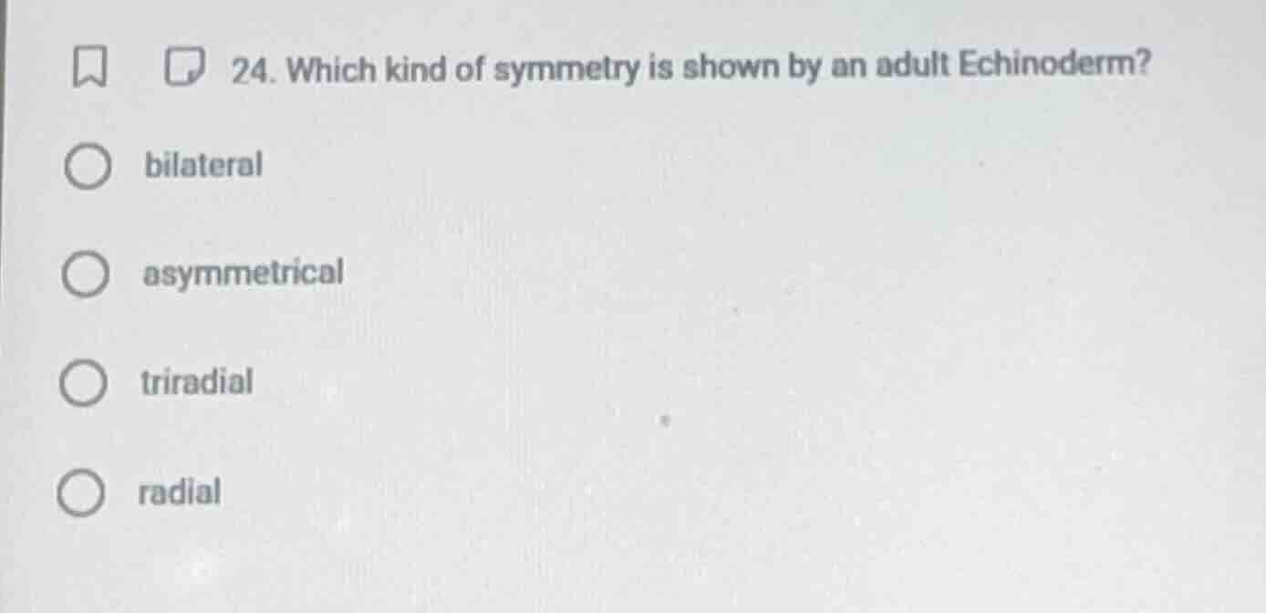 24. which kind of symmetry is shown by an adult echinoderm? - bilateral…