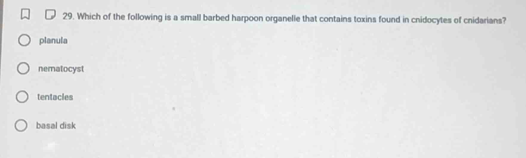 29. which of the following is a small barbed harpoon organelle that con…