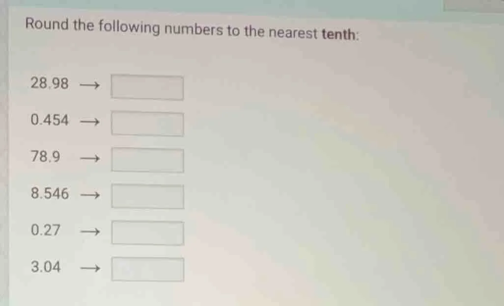 round the following numbers to the nearest tenth: 28.98 → 0.454 → 78.9 …