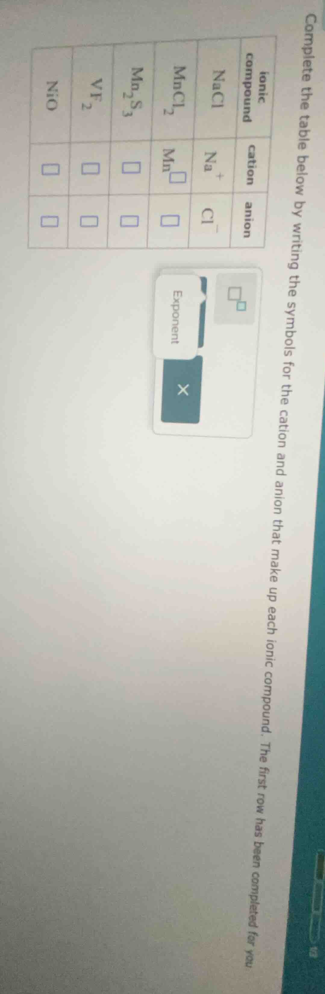 complete the table below by writing the symbols for the cation and anio…