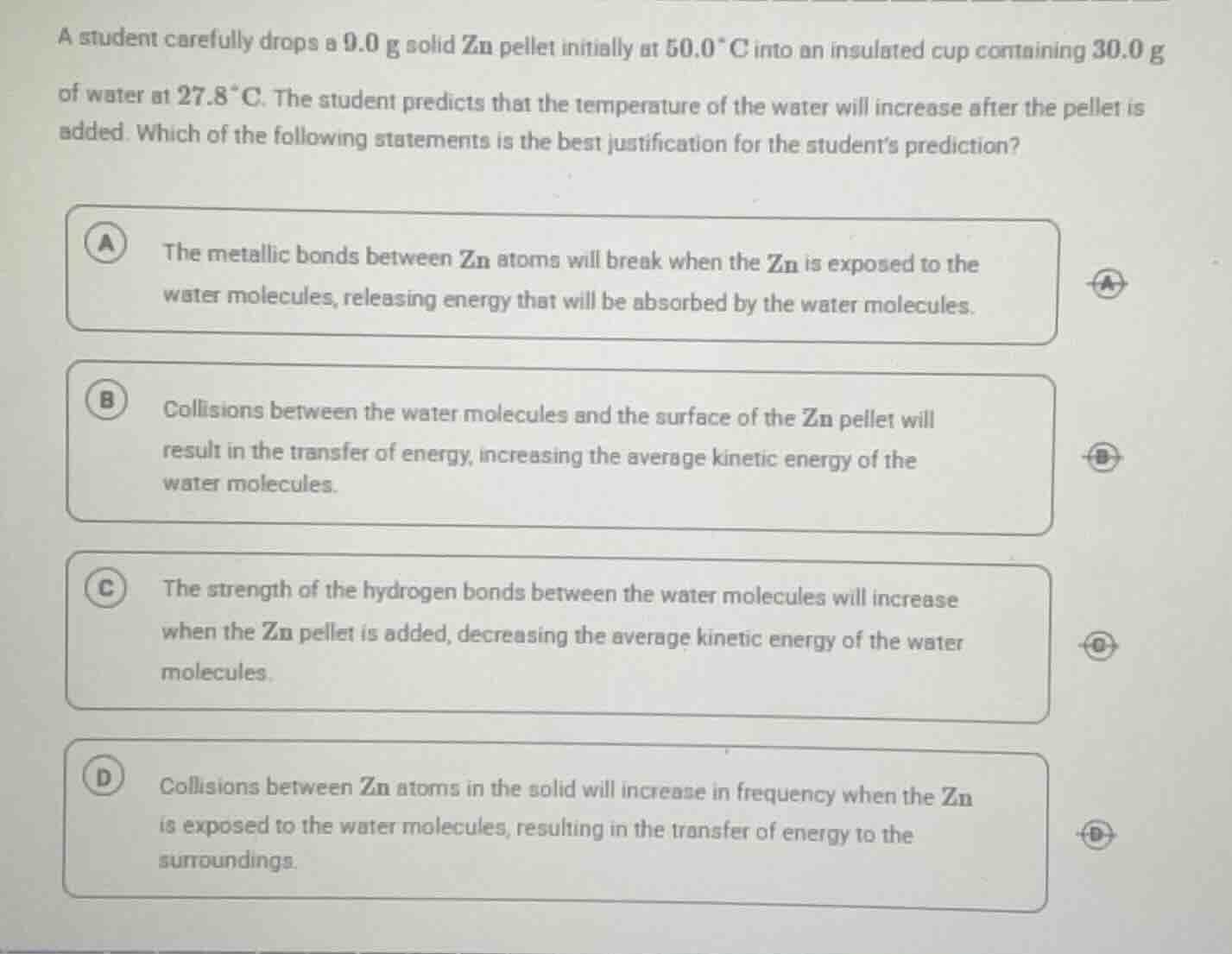 a student carefully drops a 9.0 g solid zn pellet initially at 50.0 °c …