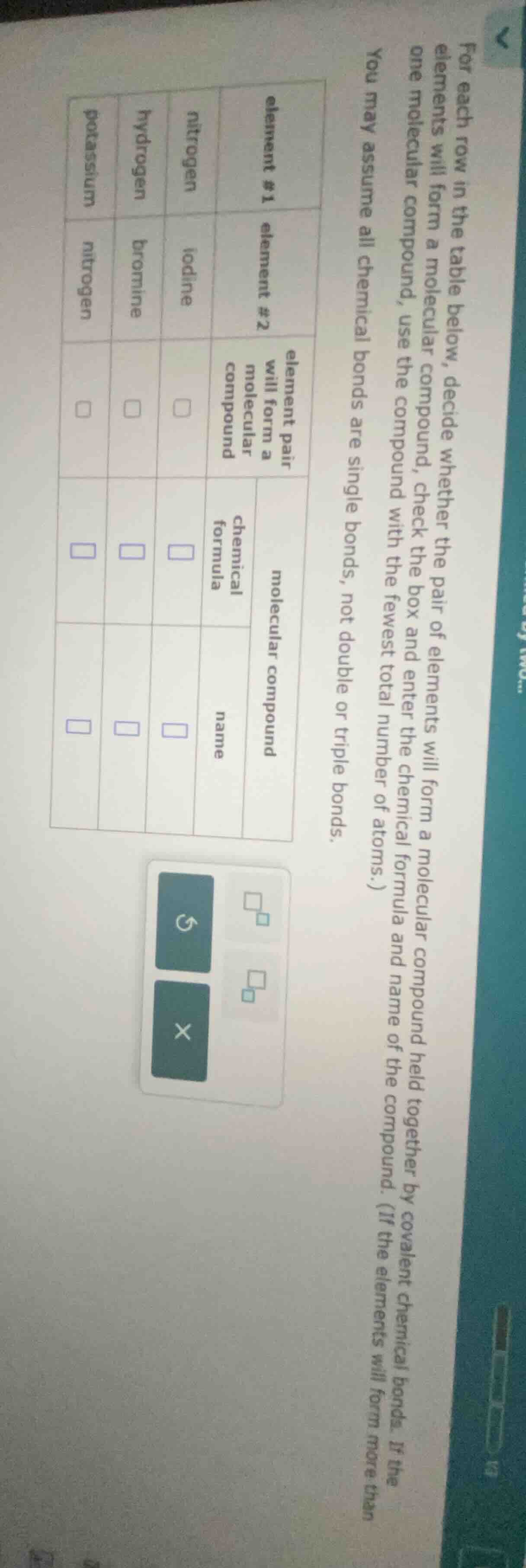 for each row in the table below, decide whether the pair of elements wi…