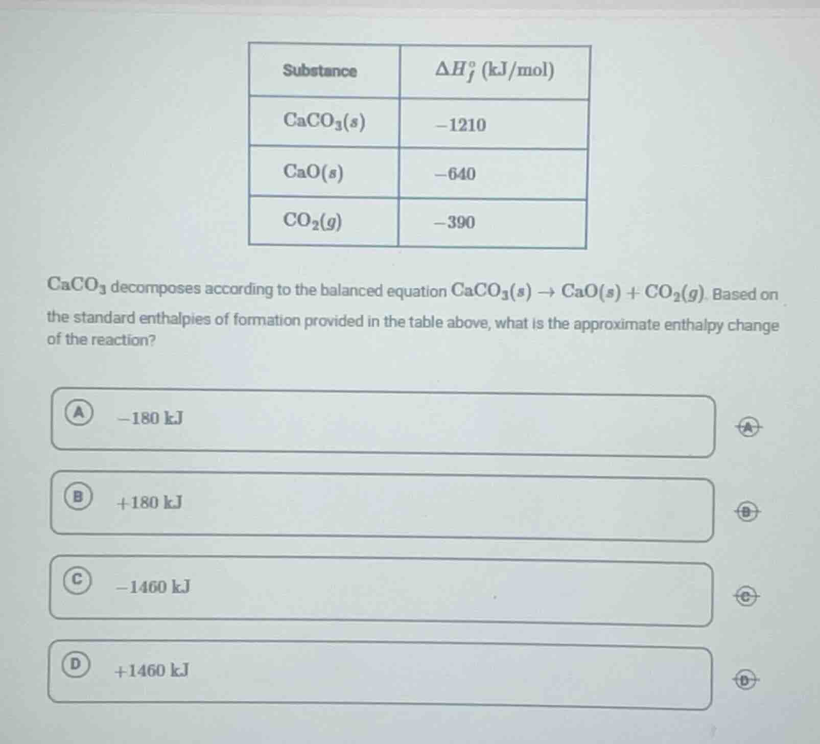 substance | $delta h_f^o$ (kj/mol) caco₃(s) | -1210 cao(s) | -640 co₂(g…