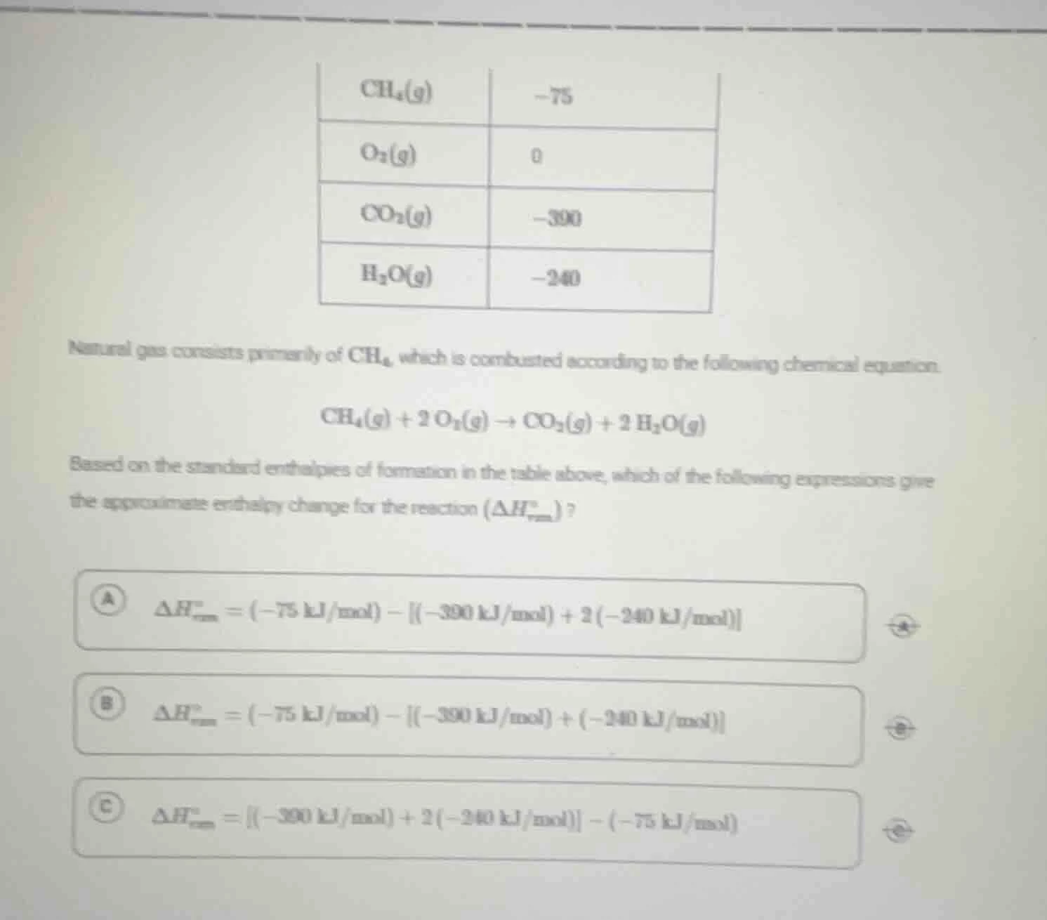 | ch₄(g) | -75 | | o₂(g) | 0 | | co₂(g) | -390 | | h₂o(g) | -240 | natu…