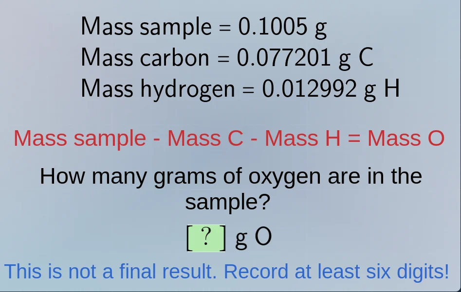 mass sample = 0.1005 g mass carbon = 0.077201 g c mass hydrogen = 0.012…