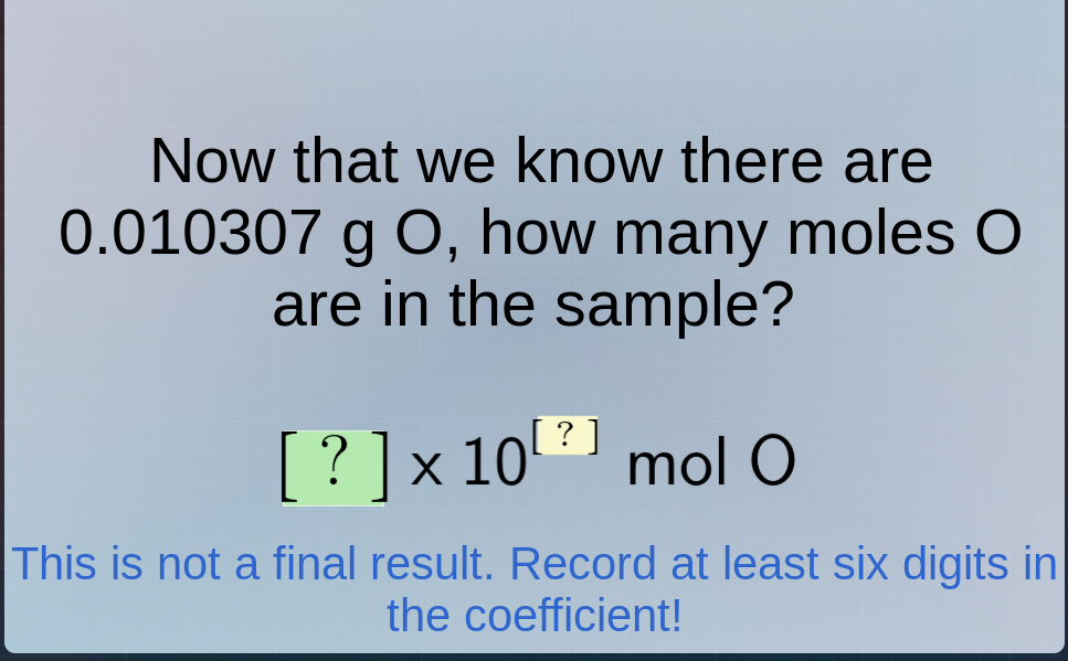 now that we know there are 0.010307 g o, how many moles o are in the sa…