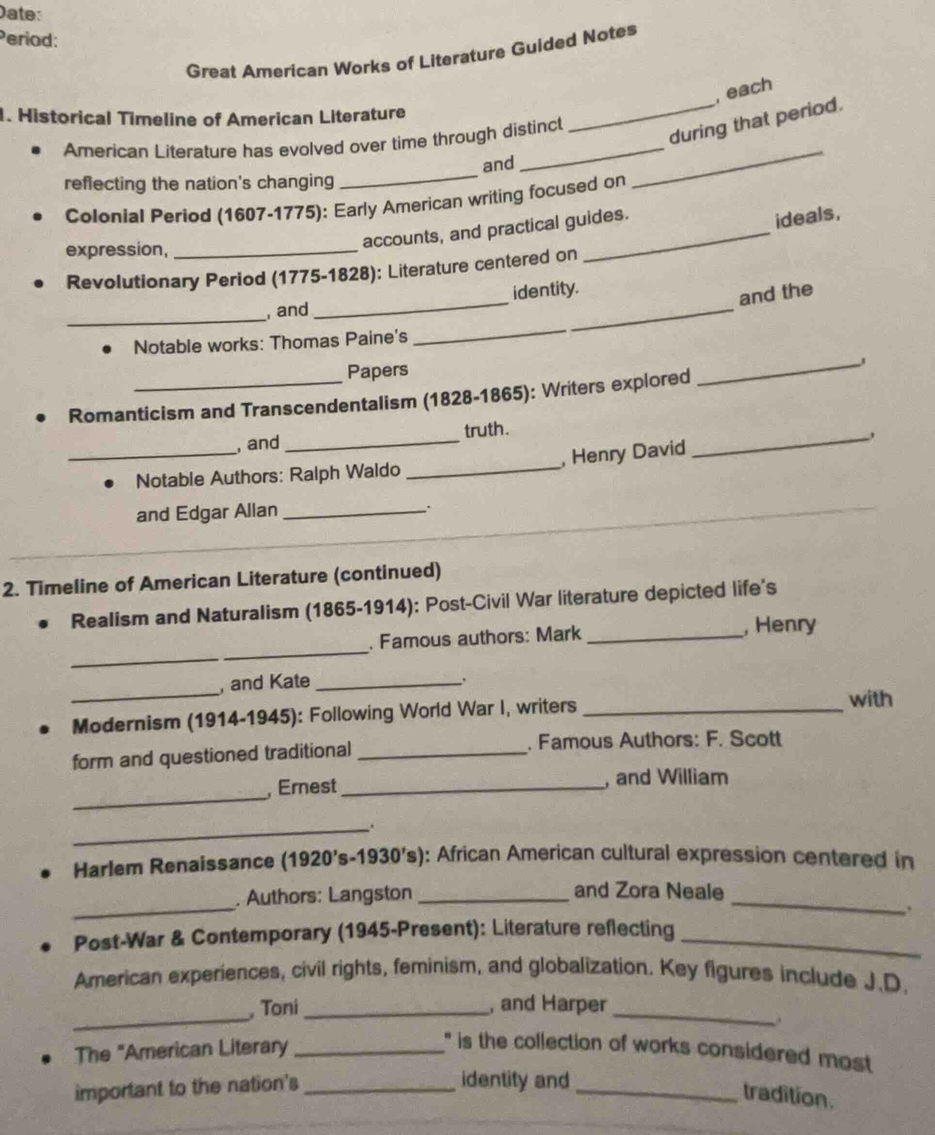 great american works of literature guided notes 1. historical timeline …