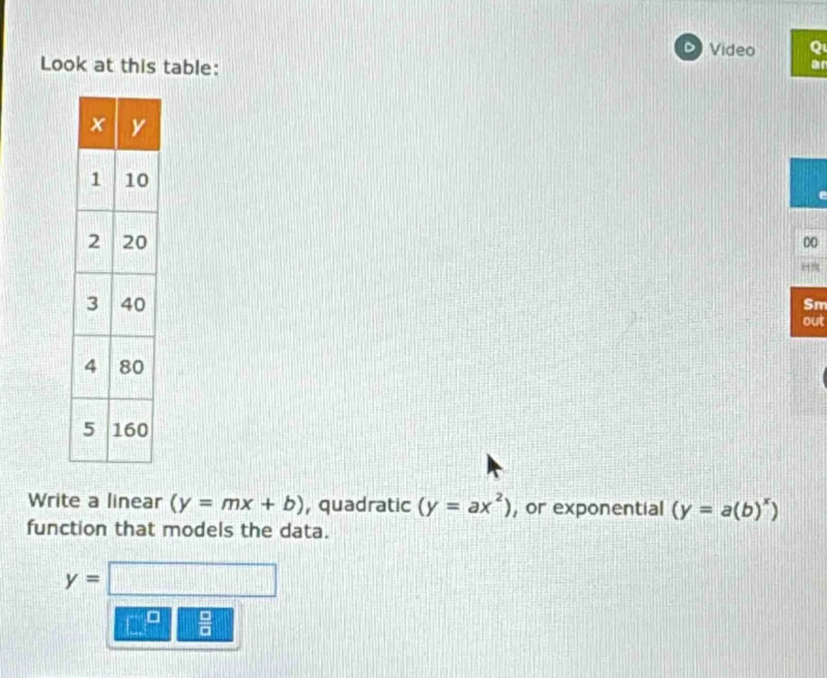 look at this table: | x | y | |----|-----| | 1 | 10 | | 2 | 20 | | 3 | …