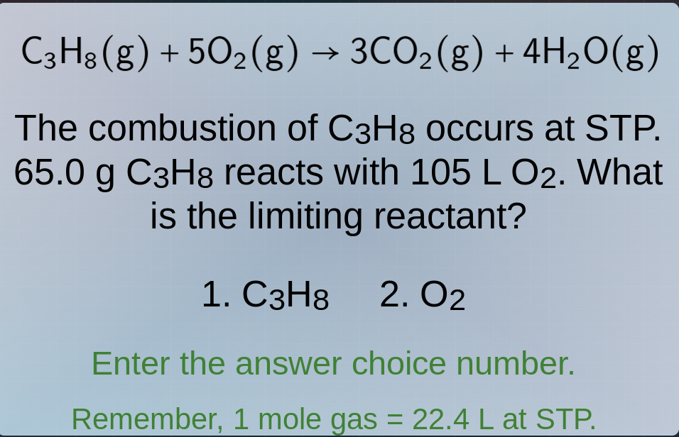 c₃h₈(g) + 5o₂(g) → 3co₂(g) + 4h₂o(g) the combustion of c₃h₈ occurs at s…