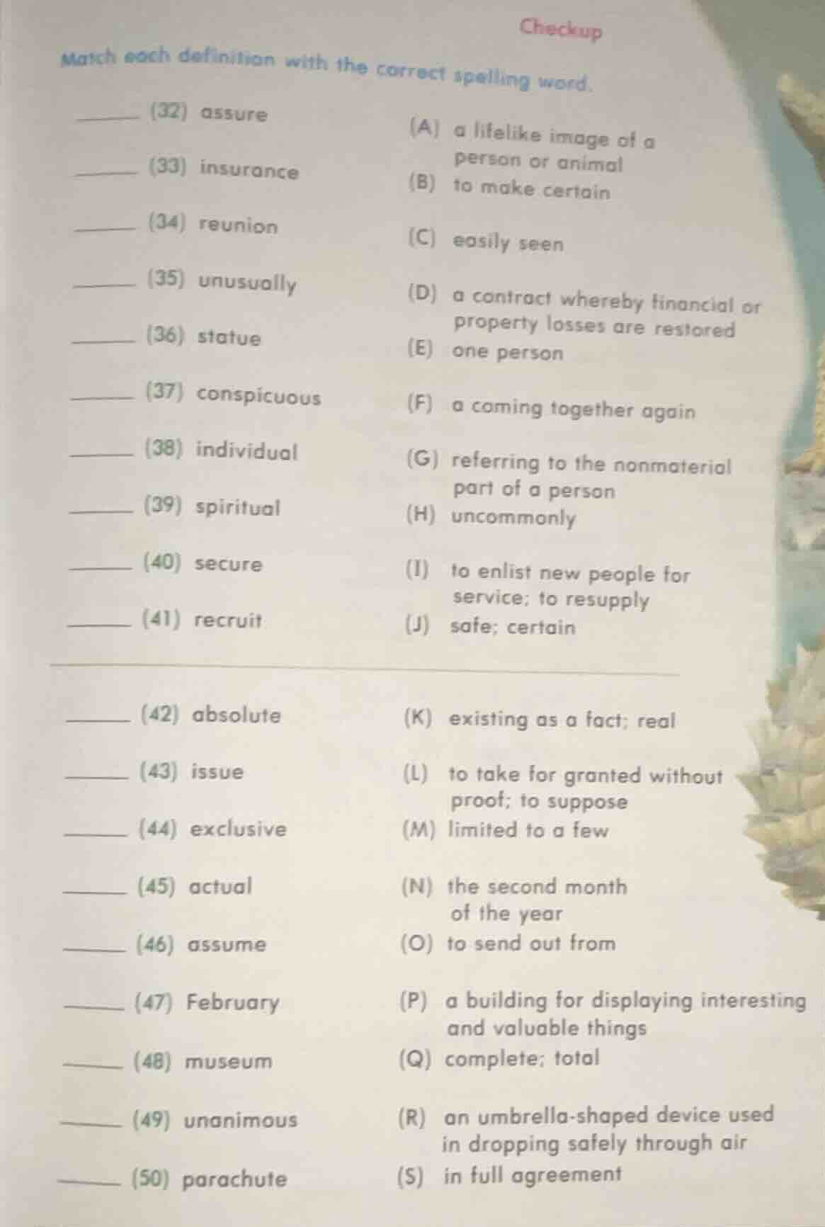 checkup match each definition with the correct spelling word. ______ (3…