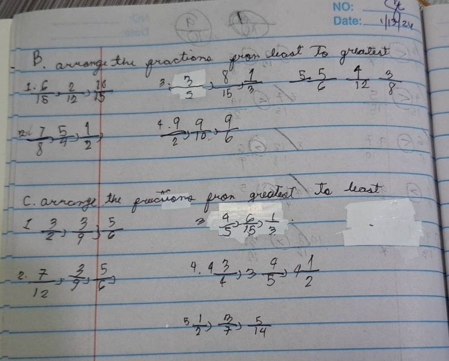 b. arrange the fractions from least to greatest 1. 6/15, 2/12, 10/15 3.…