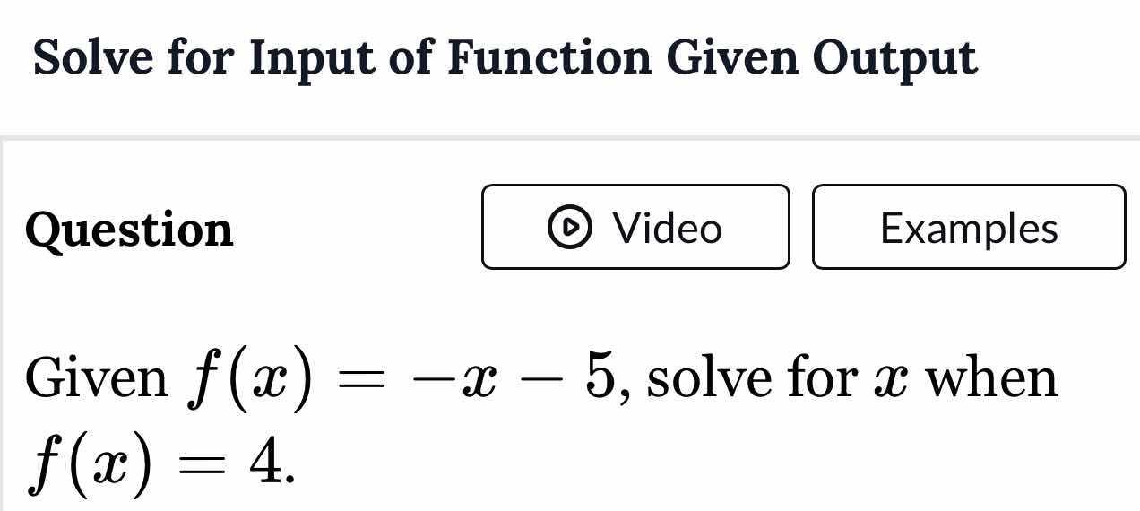 solve for input of function given output question given $f(x) = -x - 5$…