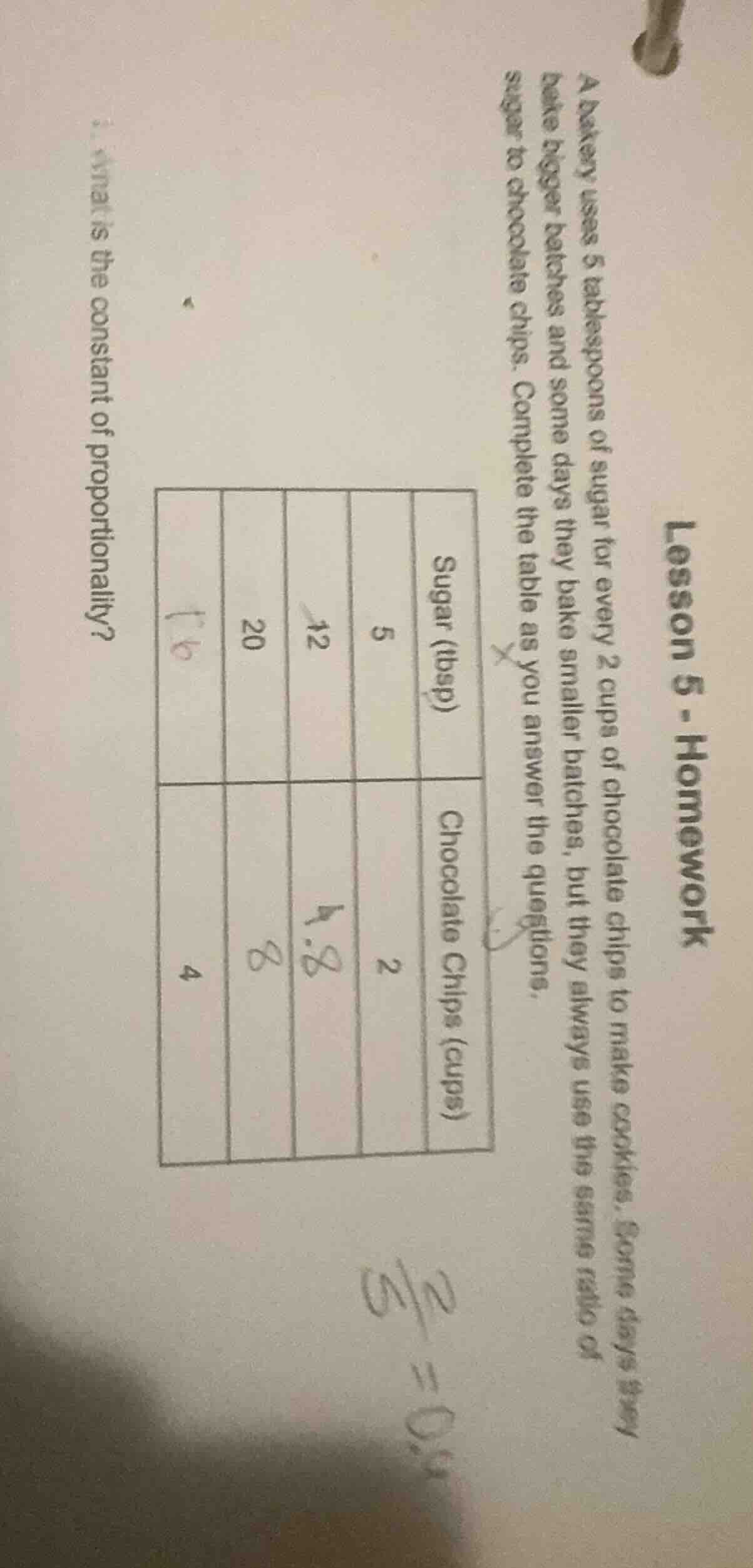 lesson 5 - homework a bakery uses 5 tablespoons of sugar for every 2 cu…