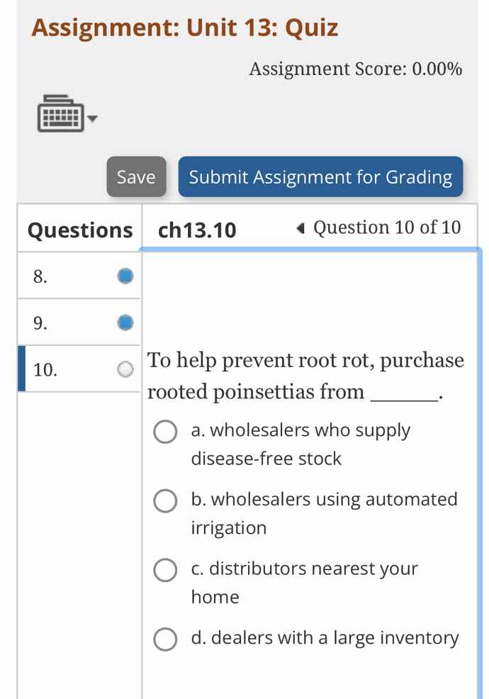 to help prevent root rot, purchase rooted poinsettias from ______. a. w…