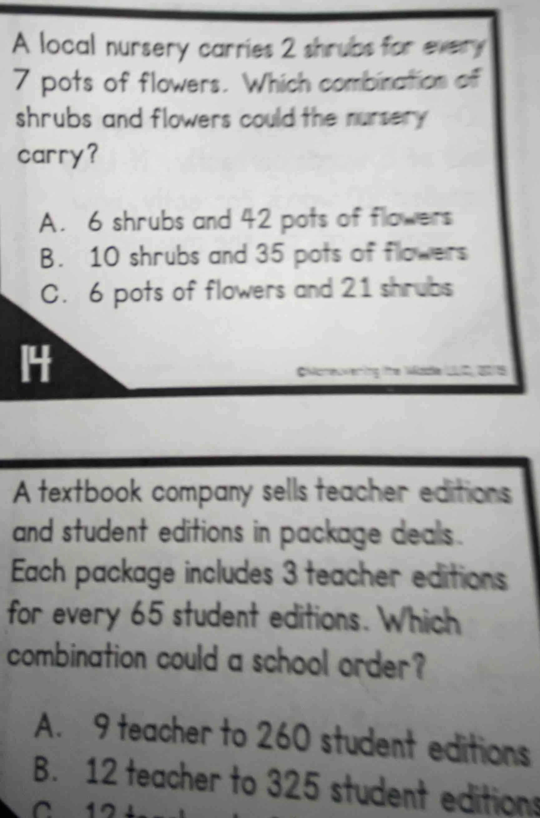 a local nursery carries 2 shrubs for every 7 pots of flowers. which com…