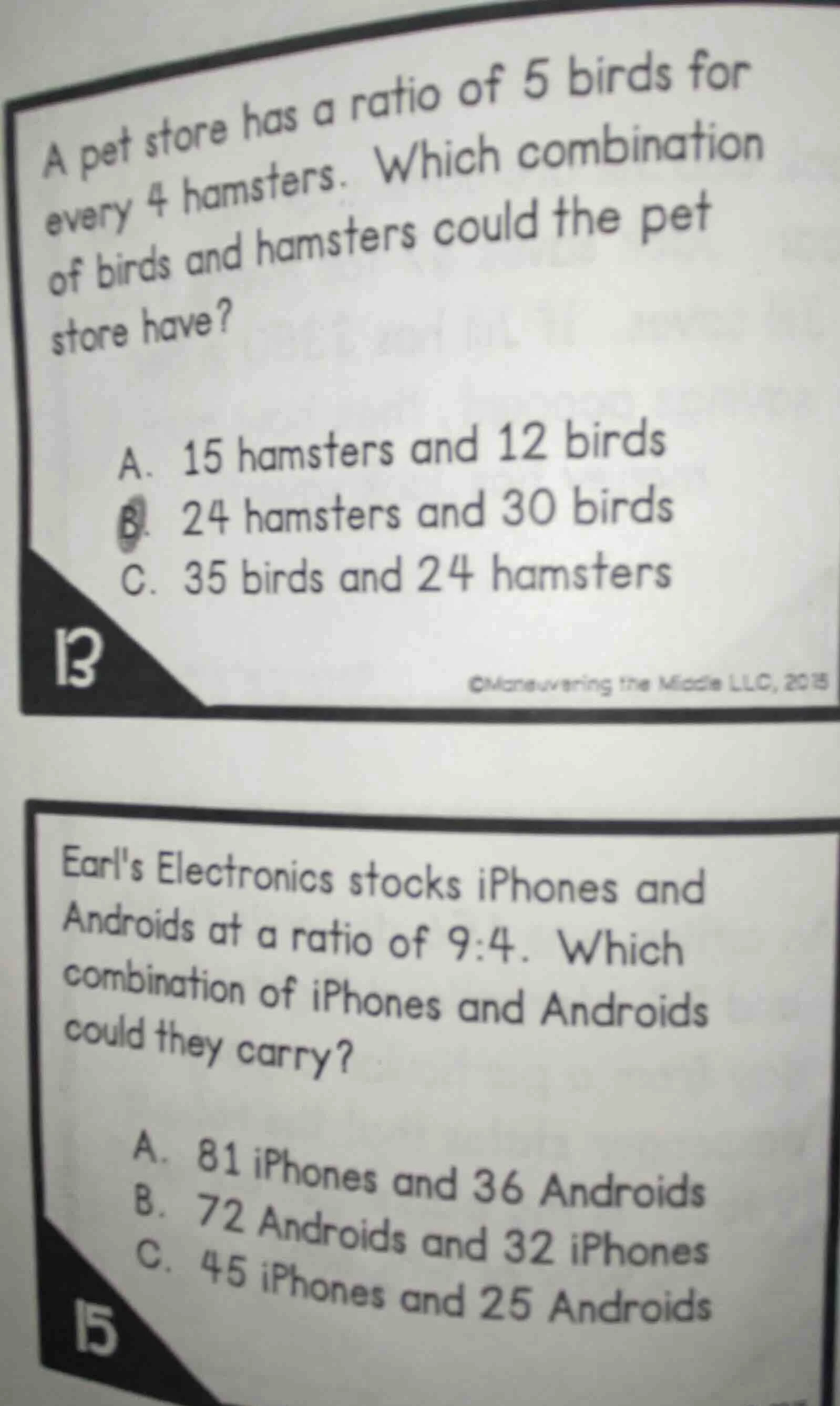 a pet store has a ratio of 5 birds for every 4 hamsters. which combinat…