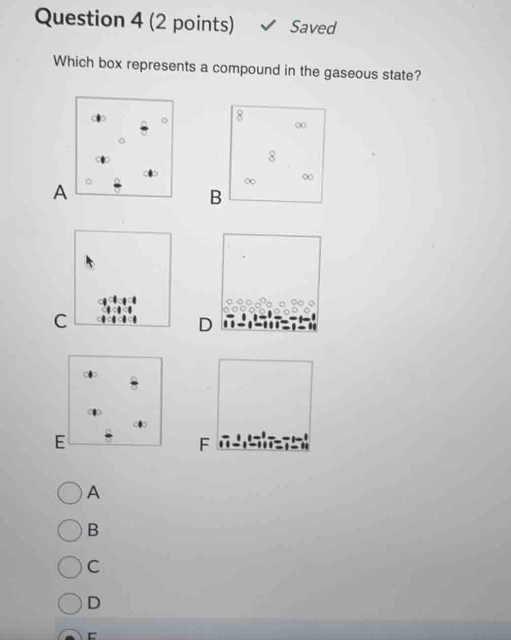 question 4 (2 points) saved which box represents a compound in the gase…