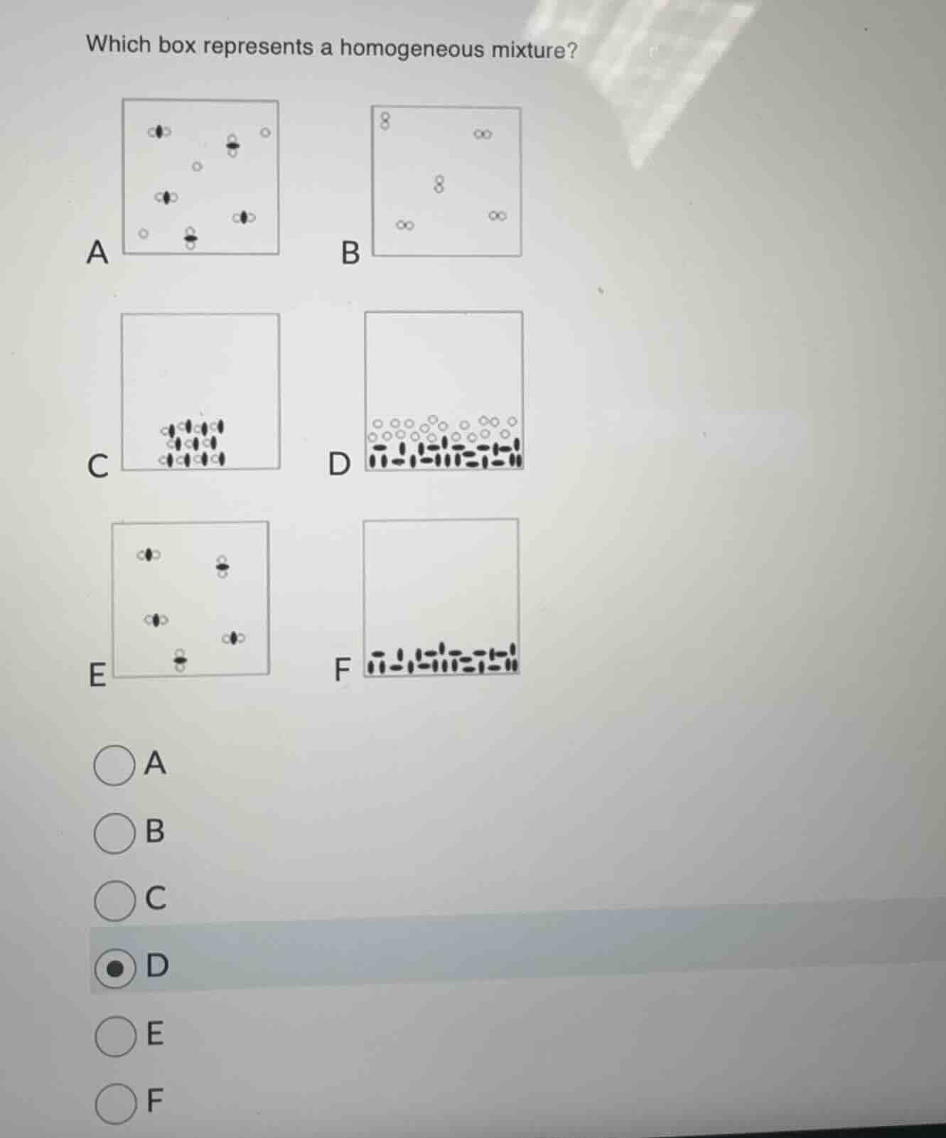 which box represents a homogeneous mixture? a b c d e f a b c d e f