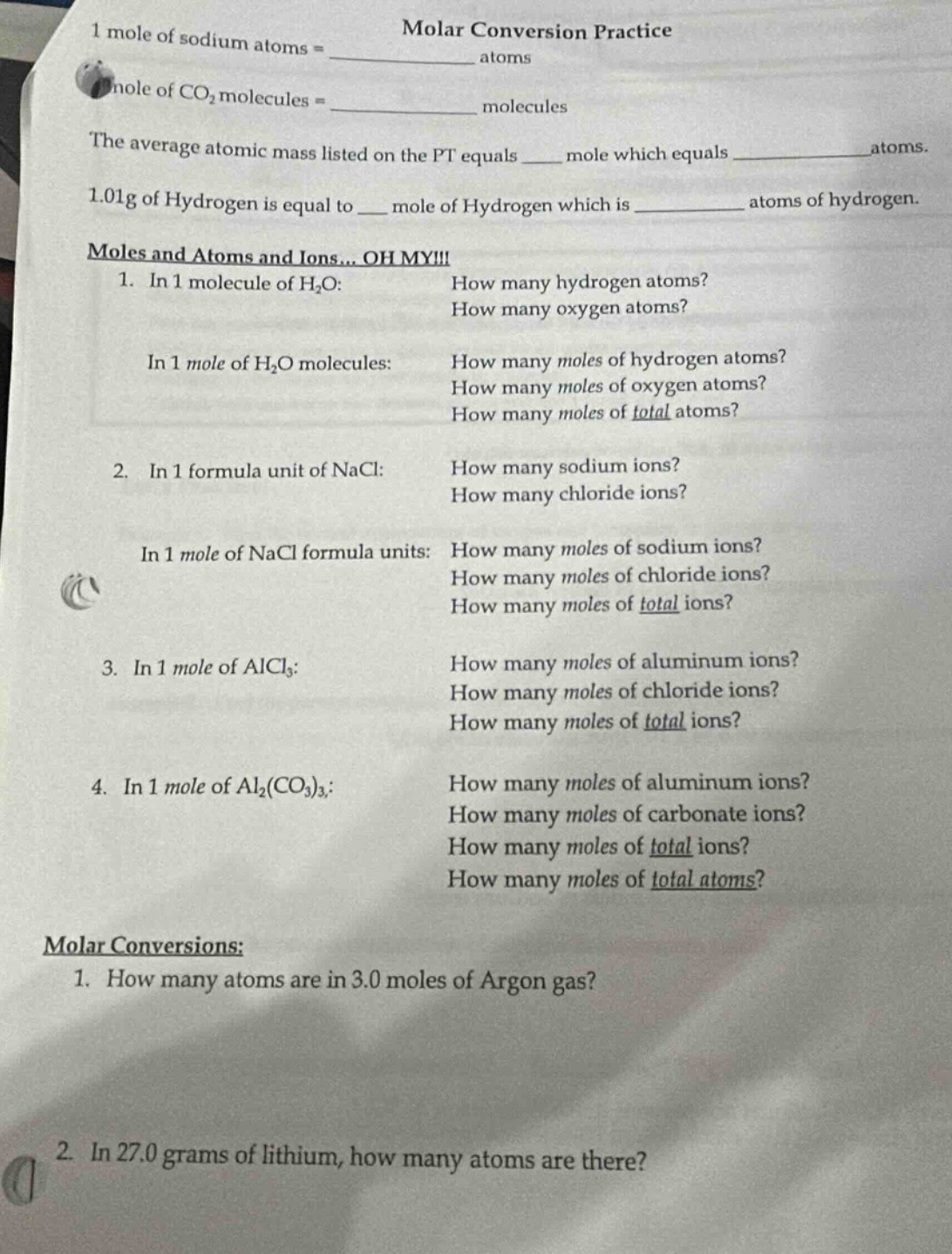 molar conversion practice 1 mole of sodium atoms = ______ atoms nole of…