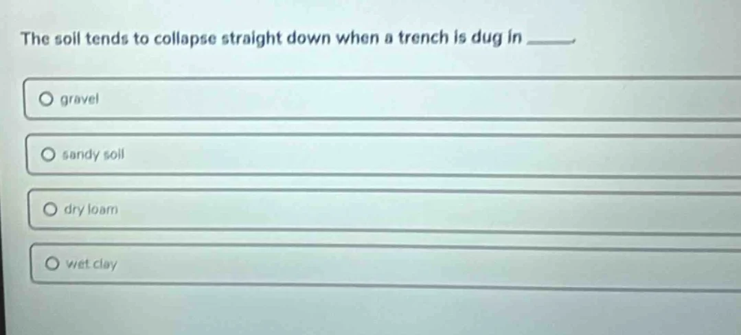 the soil tends to collapse straight down when a trench is dug in _____.…