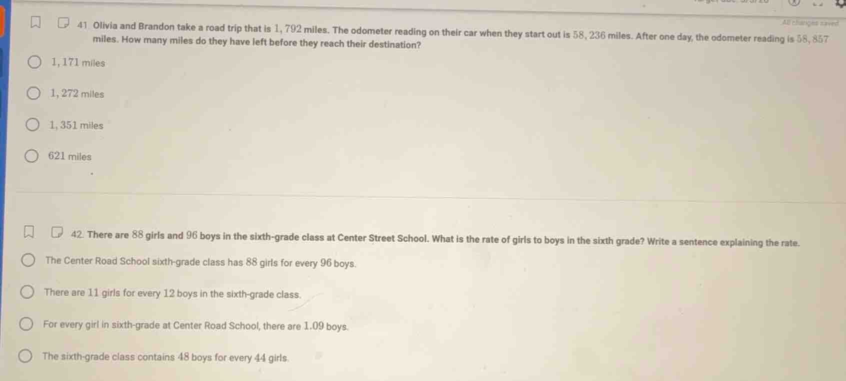 41 olivia and brandon take a road trip that is 1,792 miles. the odomete…