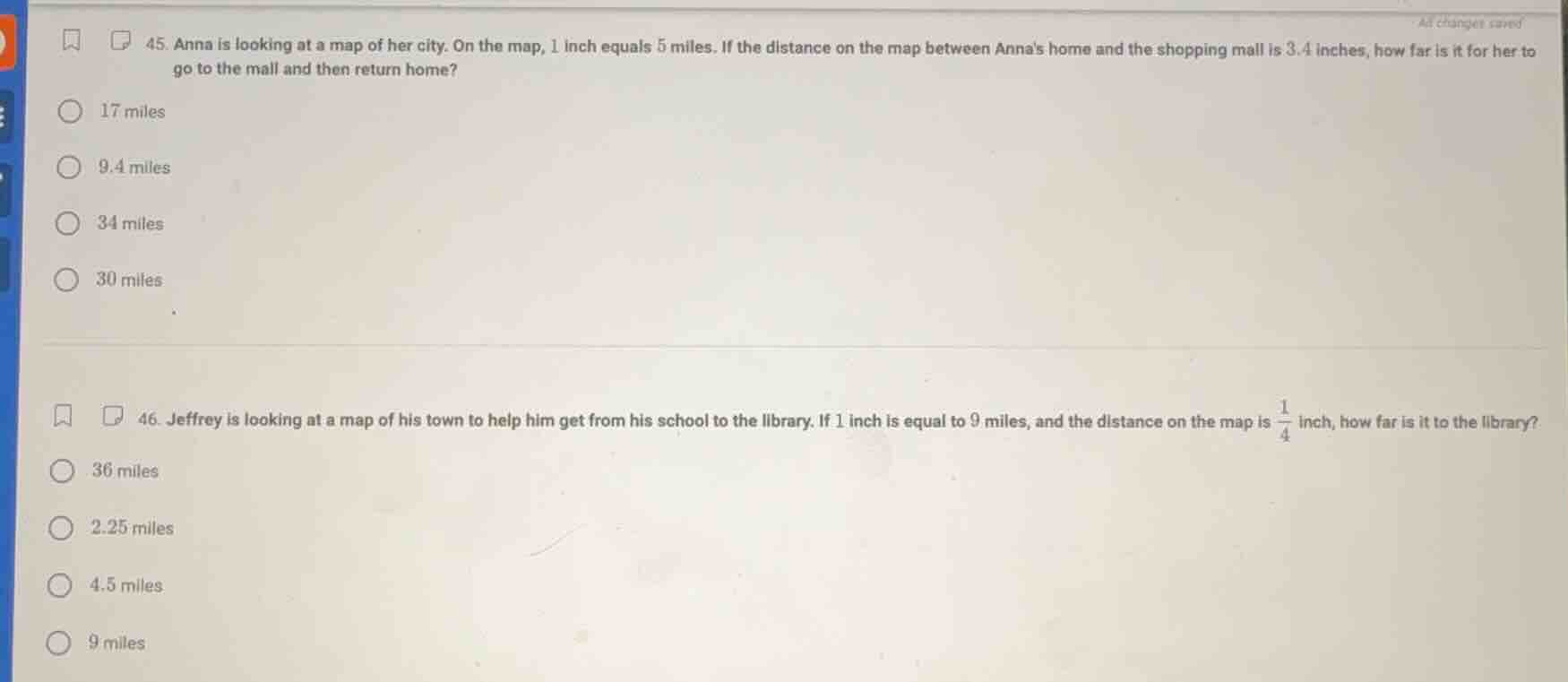 45. anna is looking at a map of her city. on the map, 1 inch equals 5 m…