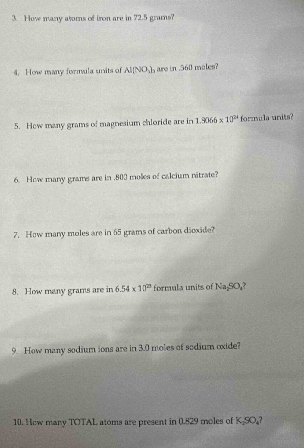 3. how many atoms of iron are in 72.5 grams? 4. how many formula units …