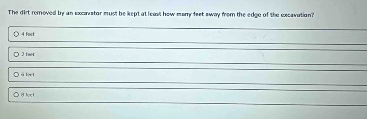 the dirt removed by an excavator must be kept at least how many feet aw…