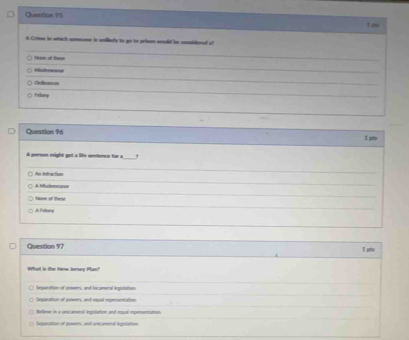 question 95 1 pts a crime in which someone is unlikely to go to prison …