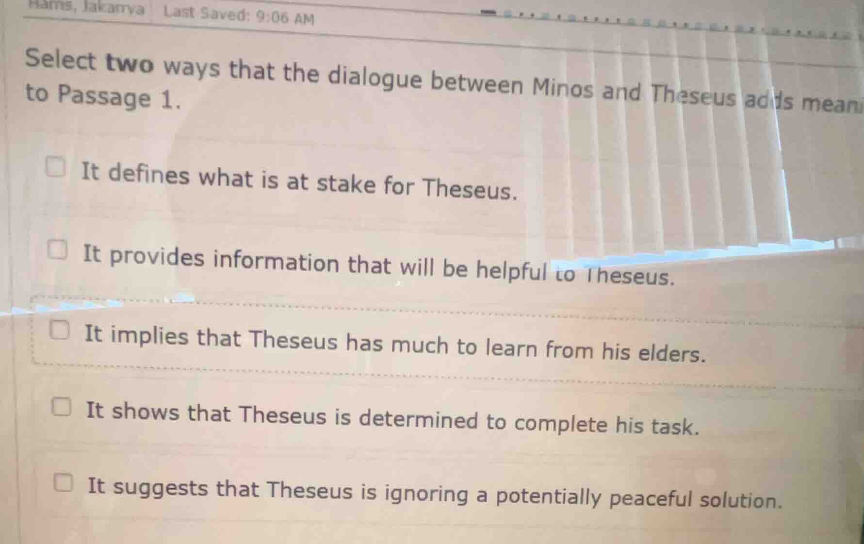 select two ways that the dialogue between minos and theseus adds mean t…
