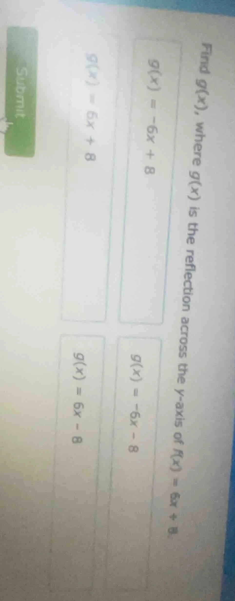 find g(x), where g(x) is the reflection across the y - axis of f(x) = 6…