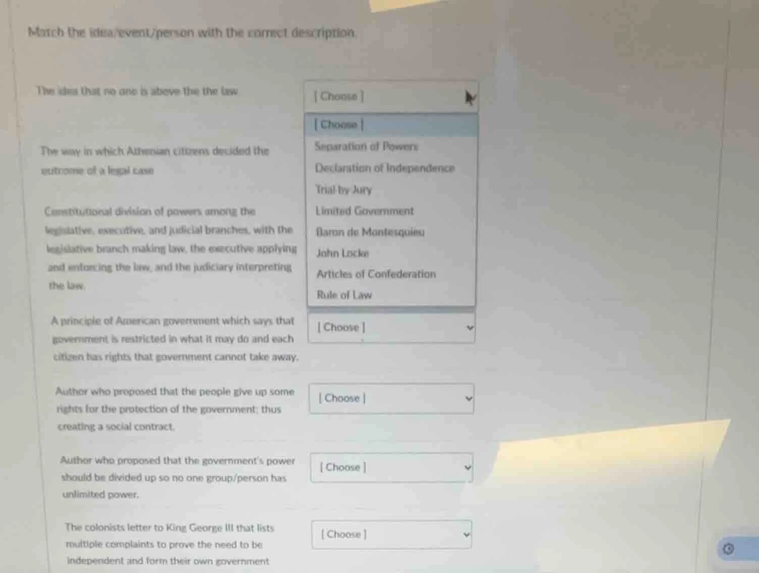 match the idea/event/person with the correct description the idea that …