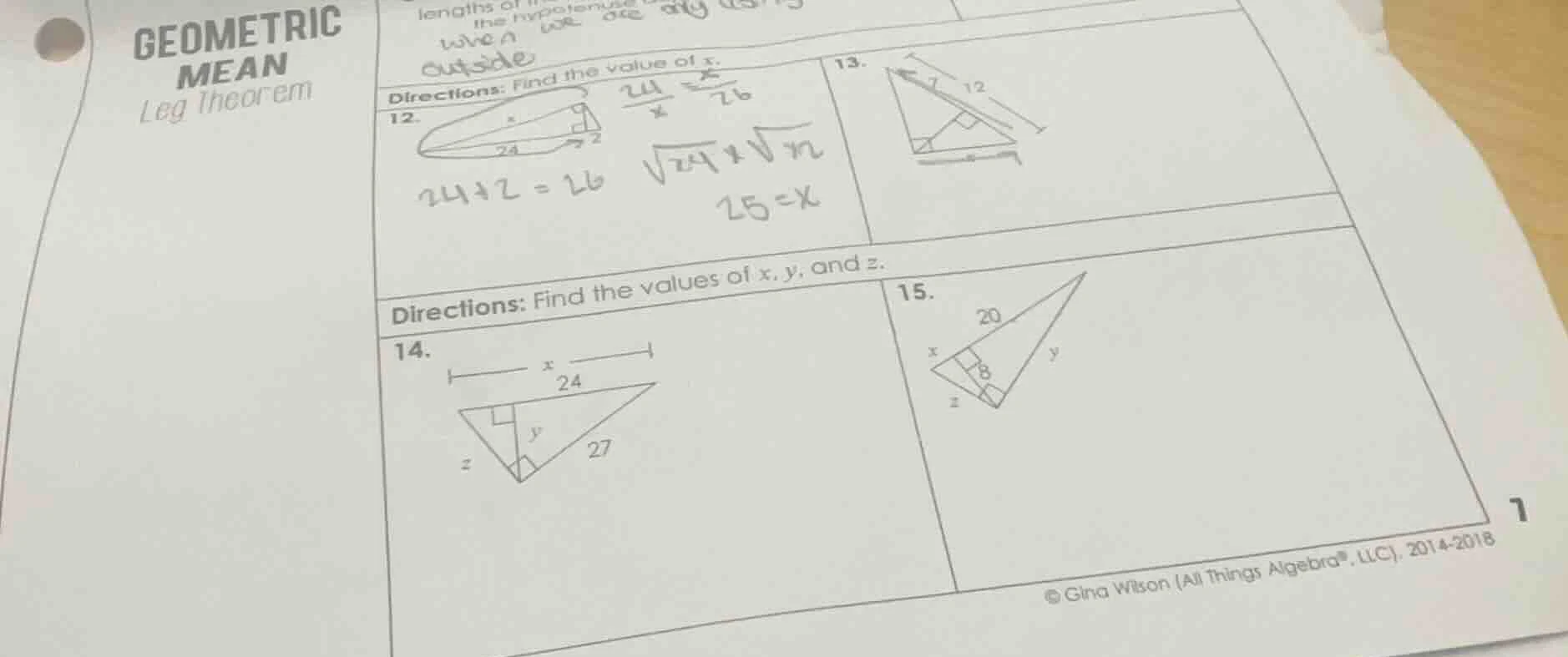 geometric mean leg theorem directions: find the value of x. 12. 13. dir…
